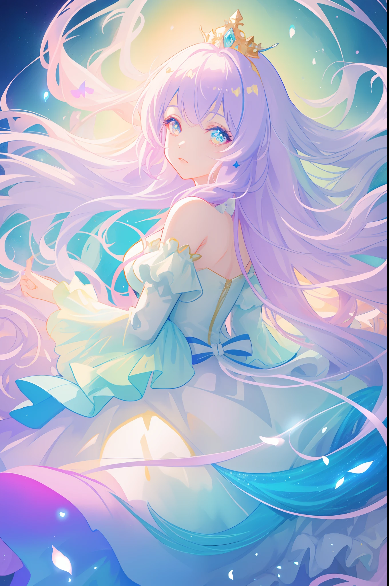 beautiful girl, puffy tiered princess ballgown with puffy long sleeves, vibrant pastel colors, (colorful), glowing golden long hair, magical lights, sparkling magical liquid, inspired by Glen Keane, inspired by Lois van Baarle, disney art style, by Lois van Baarle, glowing aura around her, by Glen Keane, jen bartel, glowing lights! digital painting, flowing glowing hair, glowing flowing hair, beautiful digital illustration, fantasia background, whimsical, magical, fantasy, ((beautiful face)), ((masterpiece, best quality)), intricate details, highly detailed, sharp focus, 8k resolution, sparkling detailed eyes, liquid watercolor