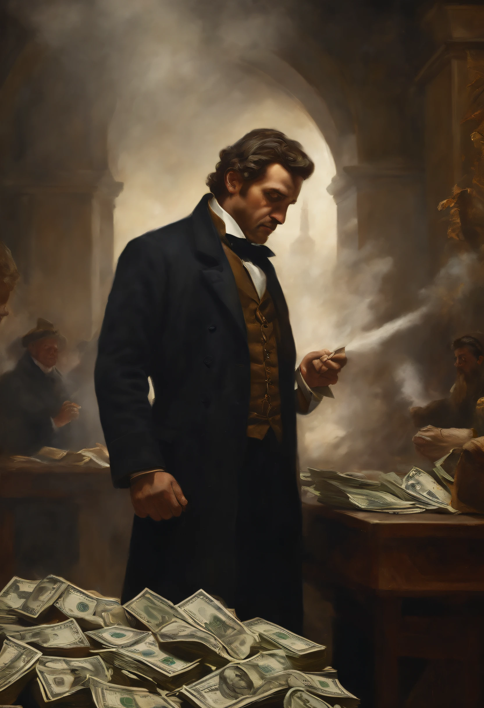 um homem lutando contra o dinheiro, oil painting, pinceladas duras, dramatic lighting, intense expression, Olhos determinados, punhos cerrados, suor escorrendo pelo rosto, terno enrugado, Correntes quebradas, Crumbling dollar bills, Chart of the crumbling stock market, smoke rising in the background, preto e branco com um toque de ouro, realismo. (best quality, Altas, ultra-detalhado), (Realistic:1.37), profissional, vivid colors.