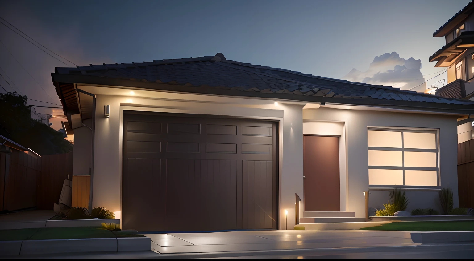 There is a picture of a house with a garage and a fire hydrant, cinematic outdoor lighting, ambient lighting at night, night time render, render 3d bem iluminado, cinematic accent lighting, em frente a uma garagem, photo taken at night, Modern setting, tiro noturno, Photorealistic rendering, lighting dramatic, renderizado, hyperrealistic rendering, dramatic night lighting