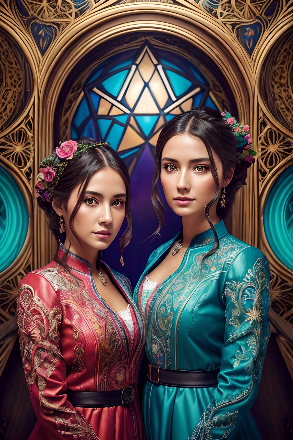 Beautiful mother and daughter, in a photography studio, looks into the camera, symmetrical face, symmetrical eyes, epic Instagram, artstation, splash style of colorful paint, contour, hyperdetailed intricately detailed , Vibrant Colors, unreal engine, fantastical, intricate detail, splash screen, complementary colors, fantasy concept