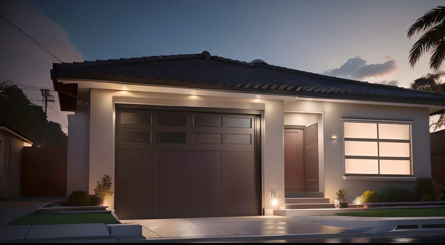 There is a picture of a house with a garage and a fire hydrant, cinematic outdoor lighting, ambient lighting at night, night time render, render 3d bem iluminado, cinematic accent lighting, em frente a uma garagem, photo taken at night, Modern setting, tiro noturno, Photorealistic rendering, lighting dramatic, renderizado, hyperrealistic rendering, dramatic night lighting