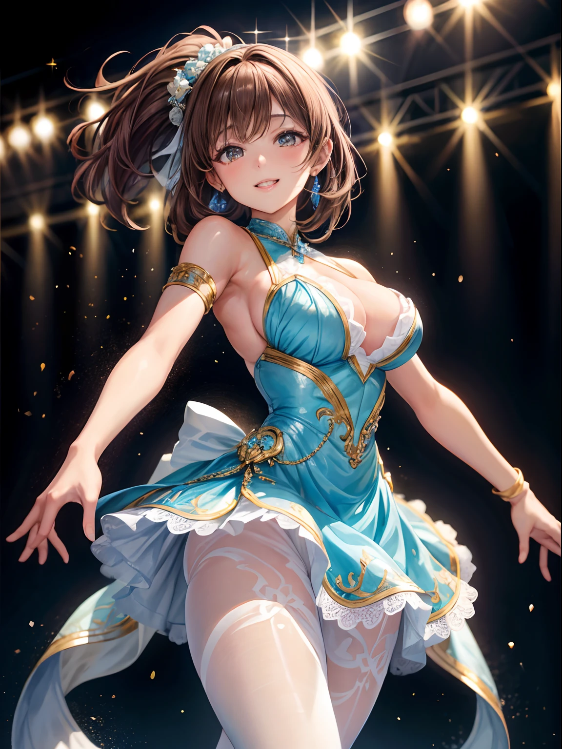 top-quality、Full limbs、complete fingers、One beautiful woman、Beautiful Large Breasts、poneyTail、Medium hair、Brown hair、Woman in light blue and white pattern figure skating dress、Flesh-colored pantyhose、A smile、Ice rink、Figure skating arena、composition seen from below