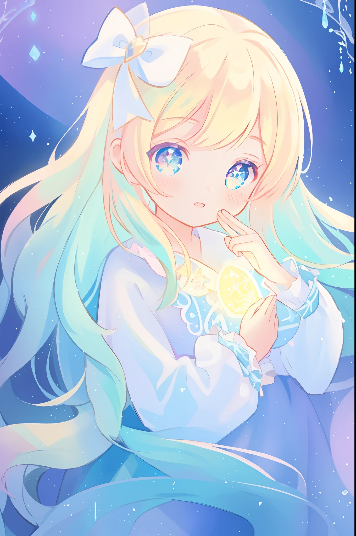 beautiful girl, puffy tiered princess ballgown with puffy long sleeves, vibrant pastel colors, (colorful), glowing golden long hair, magical lights, sparkling magical liquid, inspired by Glen Keane, inspired by Lois van Baarle, disney art style, by Lois van Baarle, glowing aura around her, by Glen Keane, jen bartel, glowing lights! digital painting, flowing glowing hair, glowing flowing hair, beautiful digital illustration, fantasia background, whimsical, magical, fantasy, ((beautiful face)), ((masterpiece, best quality)), intricate details, highly detailed, sharp focus, 8k resolution, sparkling detailed eyes, liquid watercolor