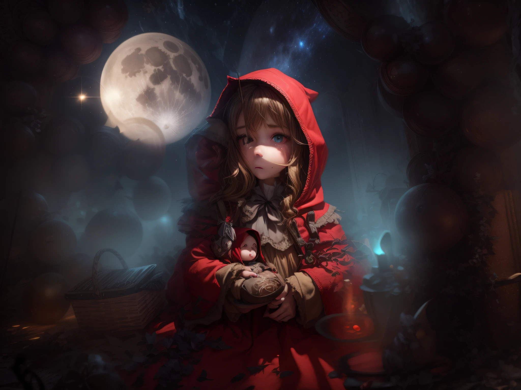 Close a powerful threat, The graceful appearance of Little Red Riding Hood in the form of a  dressed in beige uniform in a manger, menacing stare, ricamente detalhado, Hiper realista, 3D-rendering, obra-prima, NVIDIA, RTX, ray-traced, Bokeh, Night sky with a huge and beautiful full moon, estrelas brilhando, 8k,