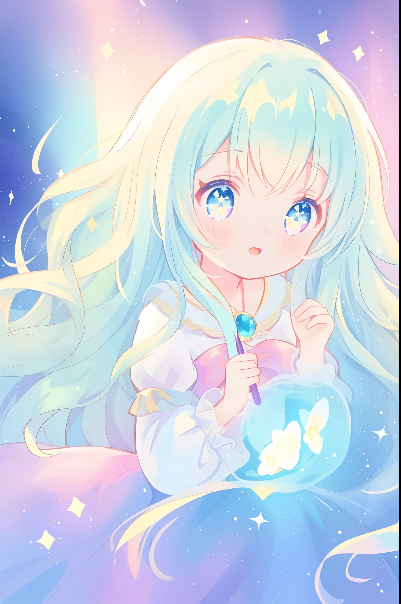 beautiful girl, puffy tiered princess ballgown with puffy long sleeves, vibrant pastel colors, (colorful), glowing golden long hair, magical lights, sparkling magical liquid, inspired by Glen Keane, inspired by Lois van Baarle, disney art style, by Lois van Baarle, glowing aura around her, by Glen Keane, jen bartel, glowing lights! digital painting, flowing glowing hair, glowing flowing hair, beautiful digital illustration, fantasia background, whimsical, magical, fantasy, ((beautiful face)), ((masterpiece, best quality)), intricate details, highly detailed, sharp focus, 8k resolution, sparkling detailed eyes, liquid watercolor