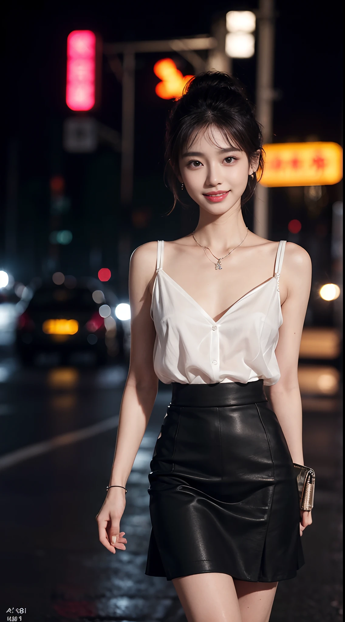 8k, masterpiece, RAW photo, best quality, photorealistic, extremely detailed CG unity 8k wallpaper, Depth of field, Cinematic Light, Lens Flare, Ray tracing, (extremely beautiful face, beautiful lips, beautiful eyes), intricate detail face, ((ultra detailed skin)) 1girl, in the dark, deep shadow, pretty korean girl, kpop idol,(very slim slender fit-muscled body:1.3), ((looking at viewer)),(big smile:1.3), (night, (neon sign), (blurry background), midnight, (without people in the background:1.3), pretty korean girl, white diamond earrings, bracelets, necklace, clear eyes, walking , front shot, (pale skin), face forward, (big eyes), full body shot, ((see through blouse)), (hot pink color blouse)), ((laced skirt)), (looking at viewer:1.3), very slim, medium breasts, Hermes bag, mini skirt, updo hair, short hair