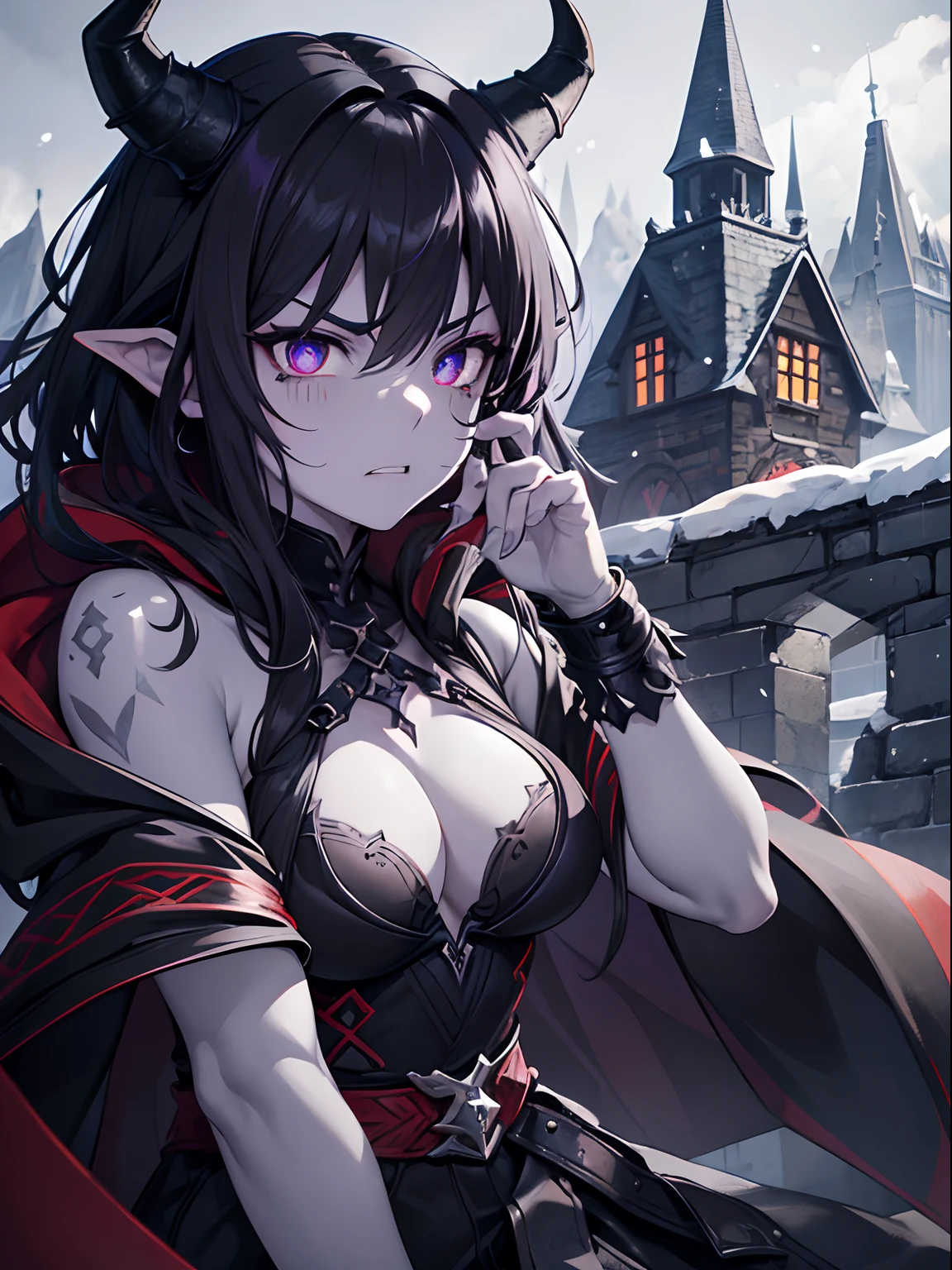 Close up, fantasy world, snow, stone brick walls, medieval houses, ice, demon, humanoid, black horns, her skin is a gray skin color, gray skin colour, purple pupils on black sclera, messy black hair, angry expression, furious, bare skin, wearing only a cloak, breasts, thighs, red tattoos, red face tattoos