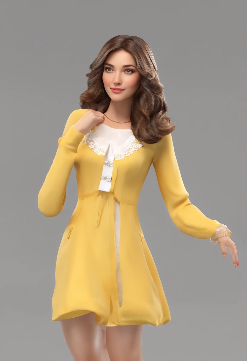 Mulher, 50 anos, senhora, cabelo castanho amarrado em um coque, olhos castanhos, vestido branco com flores amarelas, bem comportado, chinelos, different angles, fundo branco --ar 3:2, poses de personagens