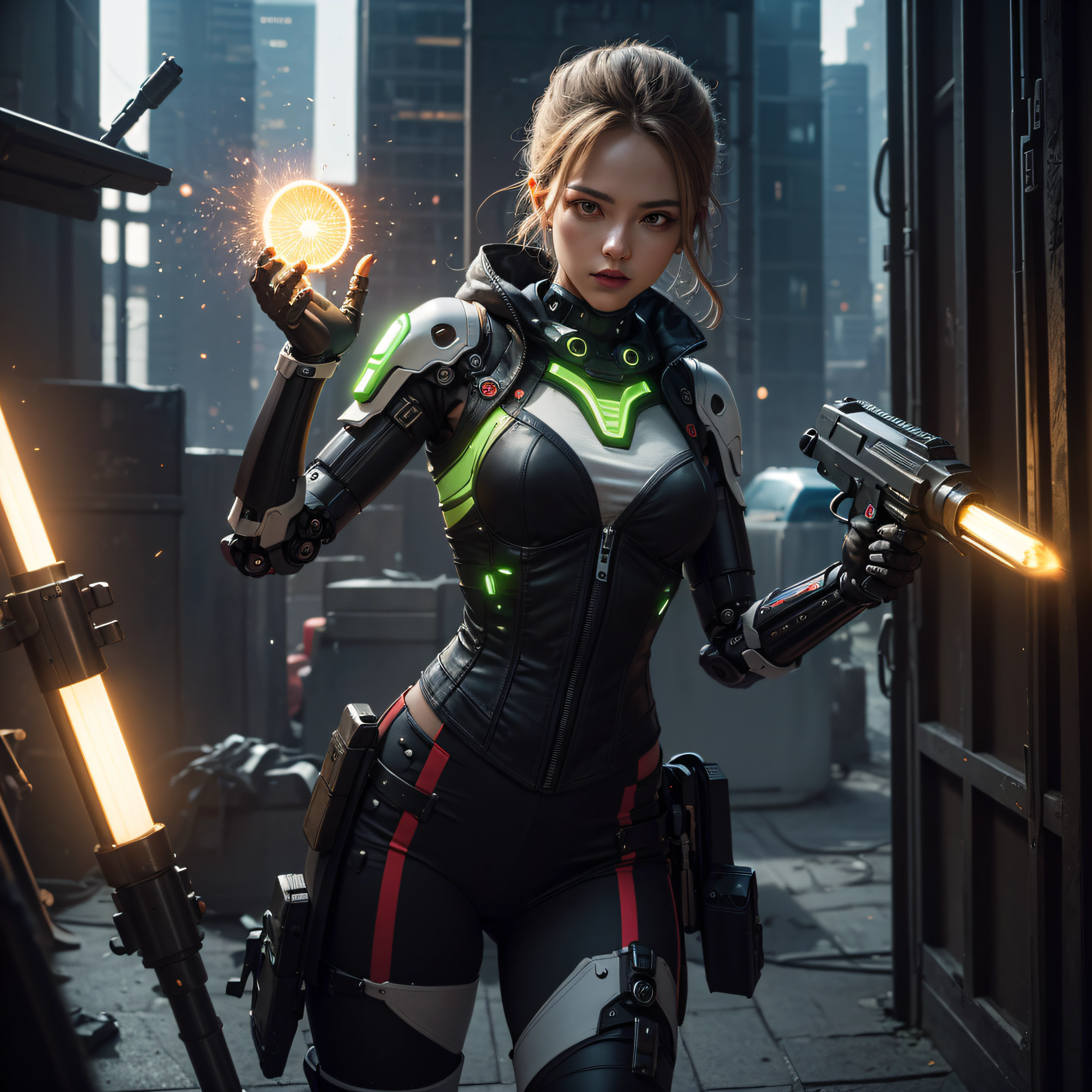 ((calidad superior)), ((obra maestra)), ((realista)), (Los detalles), (fotorrealista:1.5), Science-Fiction, HDR, Trazado de rayos, NVIDIA RTX, Los ultra-Highres, Irreal 5, Sub-Surface Scatterring, PBR texturizado, Post-procesamiento, Anisotropic filtering, Profundidad de campos, maximum sharpness and sharpness, Regla de los tercios、8K RAW、(Luminescent Particles:1.4)、(super-detailed CG、Unidad 8k Fondos de pantalla、lighting like a movie、destello de lente、foco nítido. Girl with yellow corset, Robotic Parts, Cannon fire, guerra urbana, Armas, pistola, Arte cyberpunk、arquitectura cyberpunk