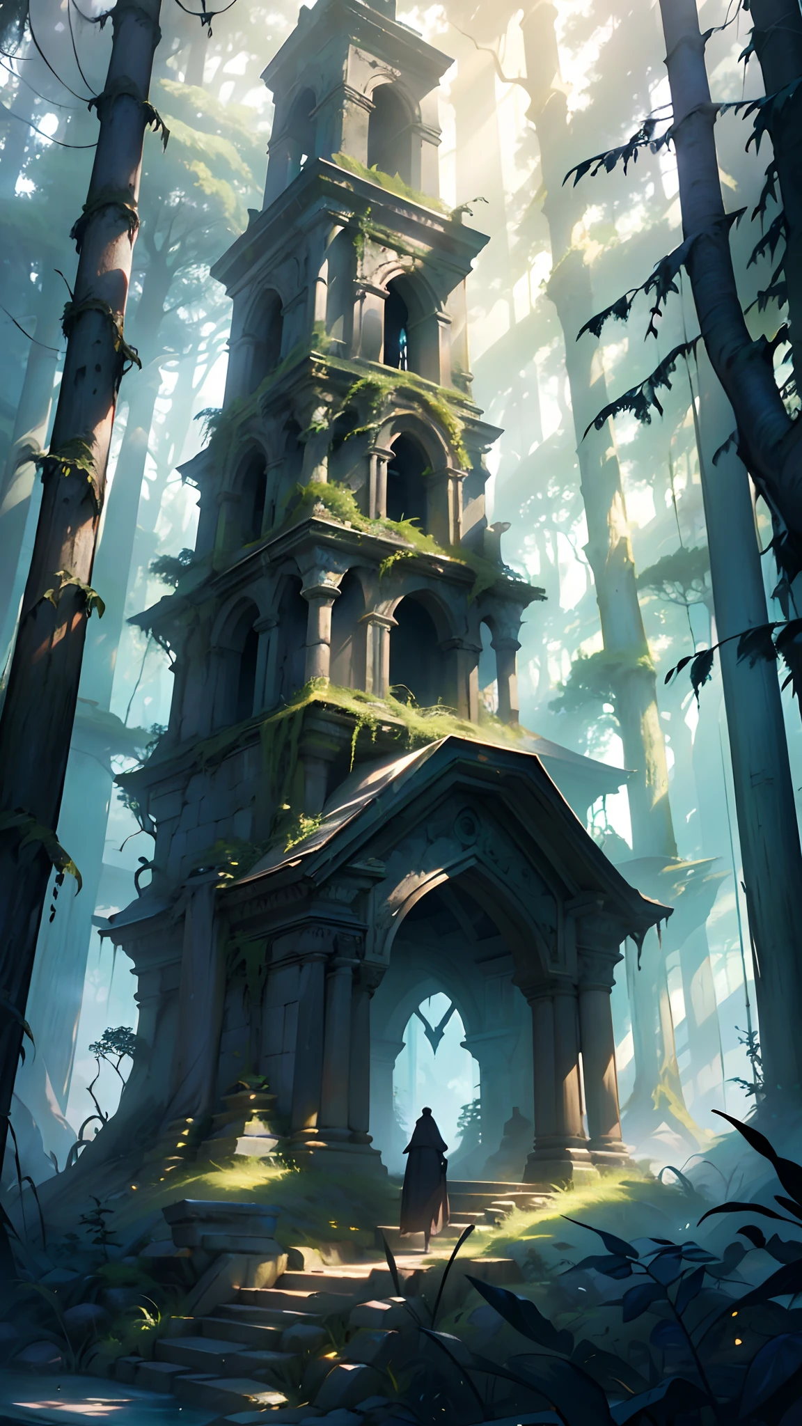 (A high resolution,Ultra-detailed,Masterpiece:1.2),Forest of fantasy creatures,Spooky ruins,Dark atmosphere,Dynamic movements,Fine mist,Mythical species,magical plants,Ominous Shadows,Dappled sunlight,Fantastic colors,mystical aura,Echoing silence,surreal scenery,Ancient mysteries,Breathtaking scale,whispering leaves,Enchanting atmosphere,majesticpresence,Ethereal energy,with light glowing,Evocative architecture,overgrown vegetation,Fascinating light,lost civilizations,Echoes of the past,forgotten secrets,otherworldly charm,Spectral Biology,Untamed wilderness,surreal landscapes,Rich textures,Engaging details,pompous,Monumental buildings,hauntingly beautiful,Ancient wisdom.