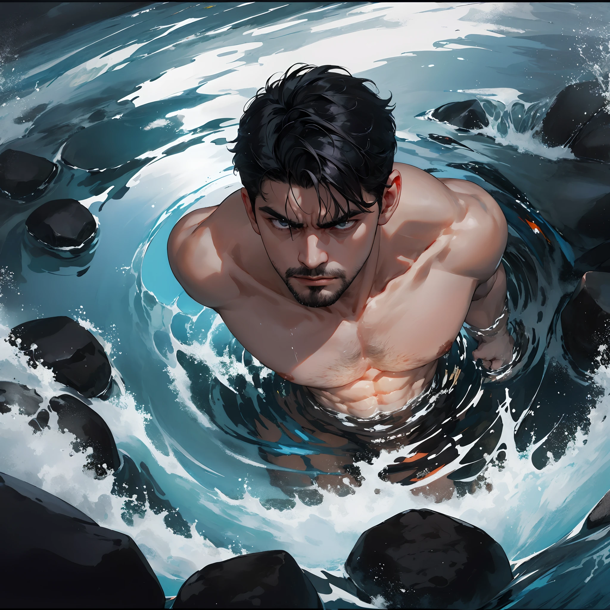1hombre .Eyes bathed in anger, cabello largo mojado negro, glass barrel bottom, mirando al espectador, fondo de pantalla CG 8k extremadamente detallado,lluvia intensa de una tormenta