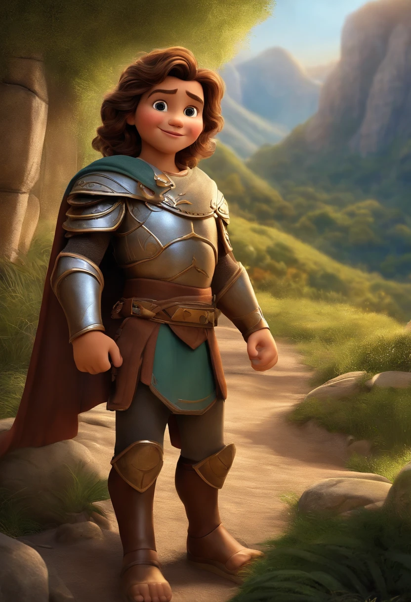 qualidade de imagem do filme,Disney Animation,Disney animated films,, jovem pastor, historia biblica Davi, fofo, 12 anolo castanho curto, cor liso, com uma tunica dos tempos biblicos. Enfrentando um gigante enorme, with armor and breastplate, dos tempos biblicos . Fundo com campos gramados e montanhas em volta.Facial features are carefully described. NFW,nude