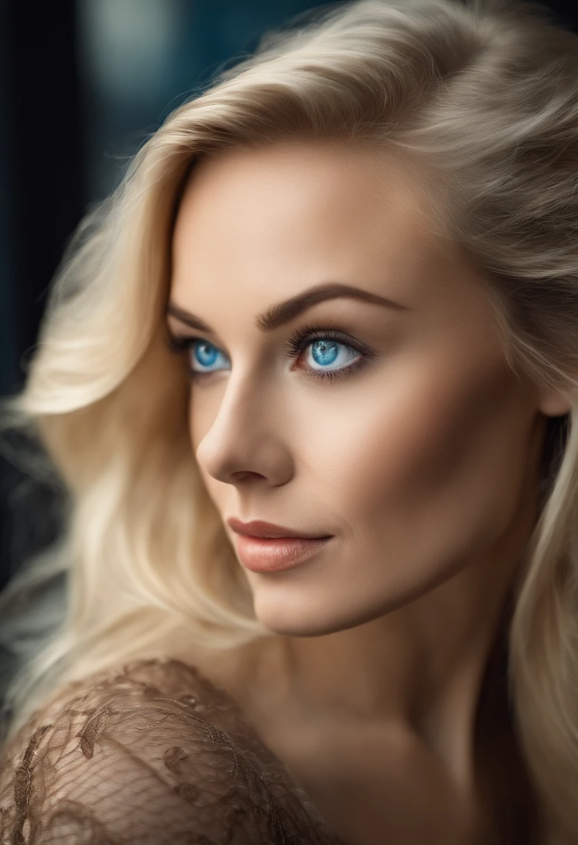 A blonde woman with very blue eyes looking at the camera