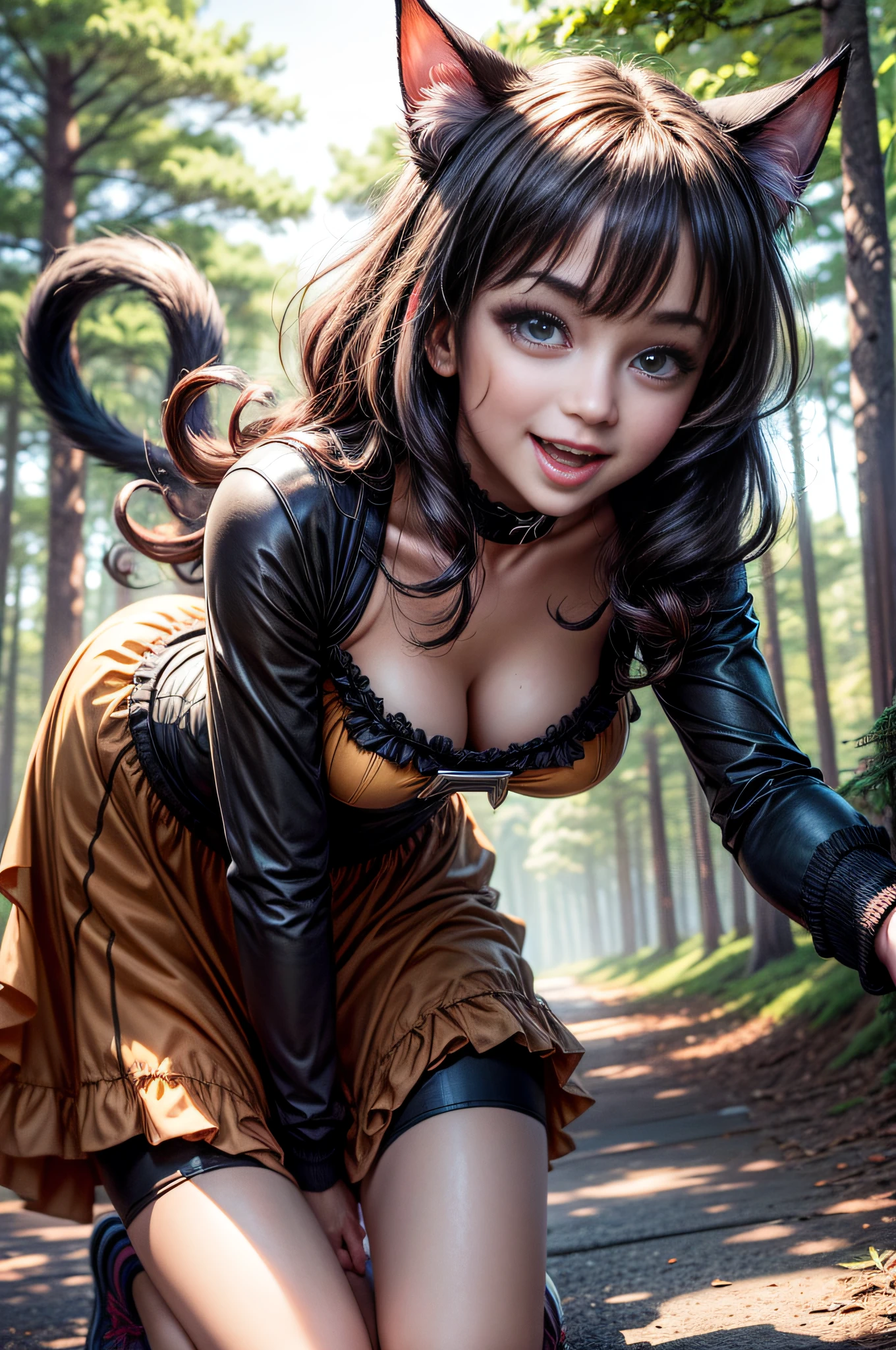 8k, masterpiece, cat woman, she's looking at us, Sunlit, Frolicking happily, frickles, pine forrest on a windy day, sunlit day, Cheerful Colorful Dresses anime styl obrázku
