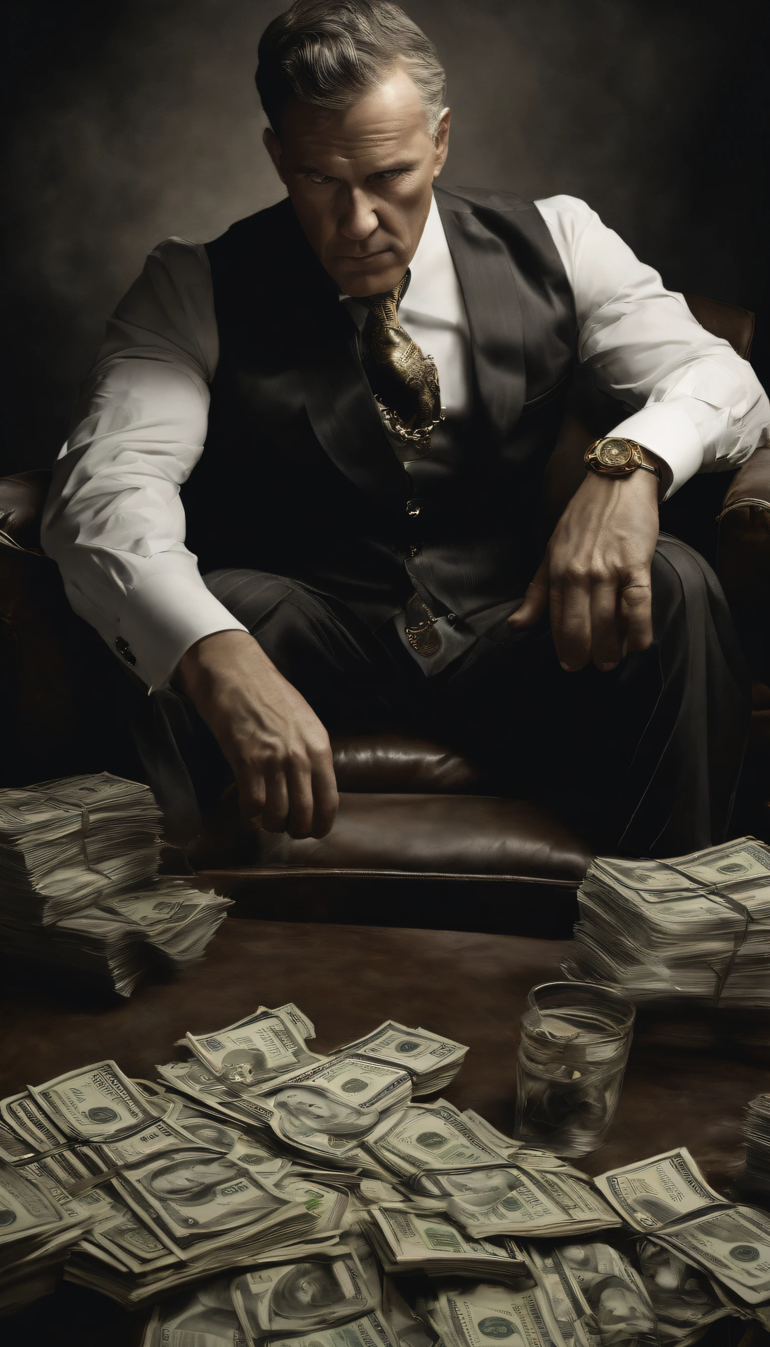 Man fighting money, Oil Painting, Harsh brush strokes, Dramatic Lighting, intense expression, Determined eyes, hold fists, sweat dripping down his face, Wrinkled suit, broken chains, Crumbling dollar bills, Crumbling Stock Market Graph, Smoke rises in the background, Black and white with a touch of gold, Realism. (Best Quality, hight resolution, Ultra-detailed), (Realistic:1.37), Professional, Vivid colors.