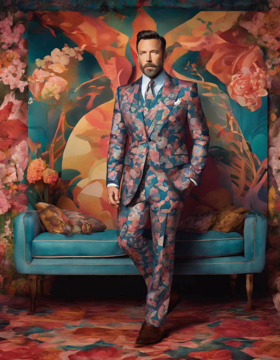 A Photograph capturing a surrealist vision: ben affleck in pattern kimono mix with western suit, amidst a swirling color palette, poses outside a tailor shop, posing with the fantasy dreamlike surroundings. --ar 16:9