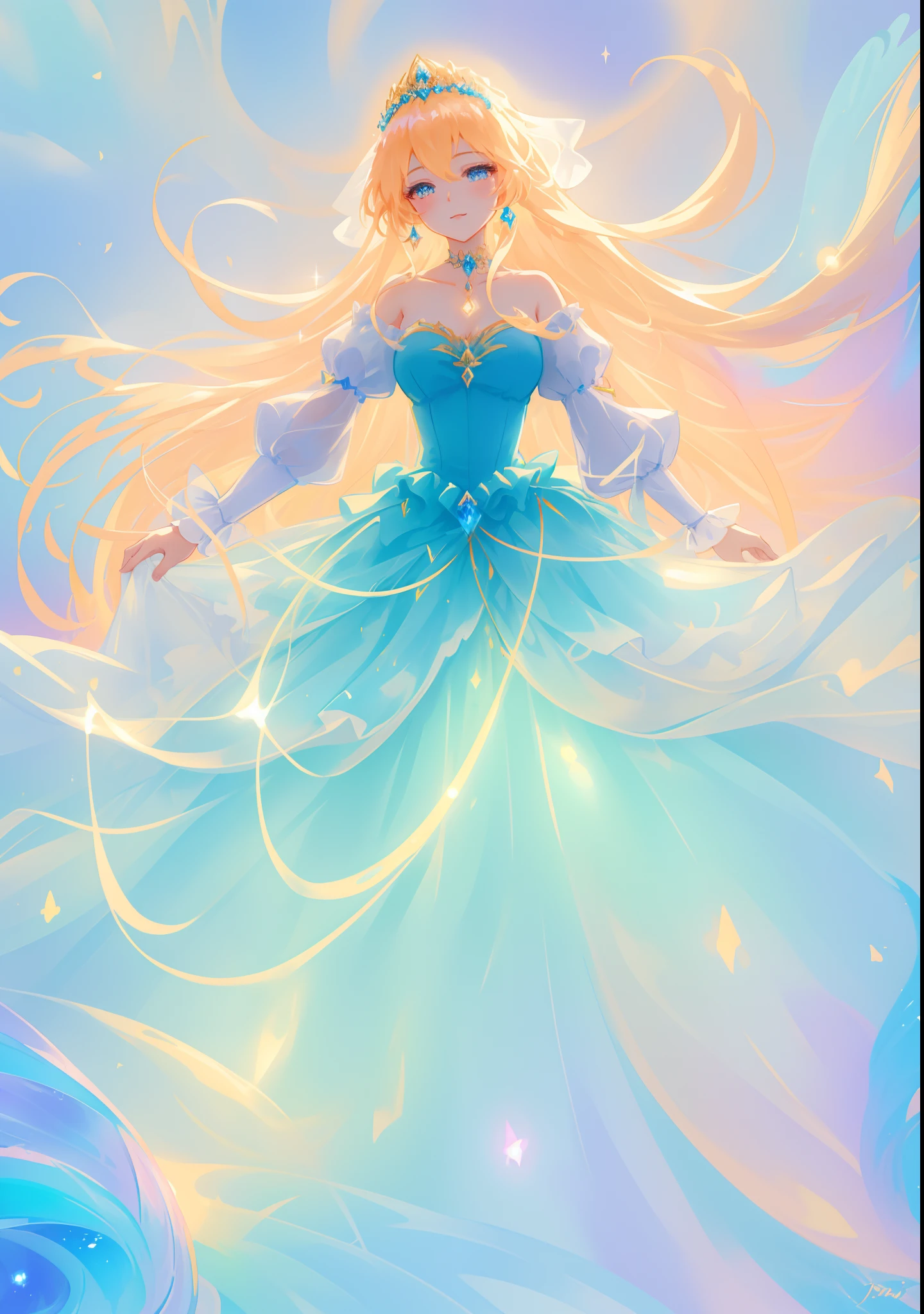 beautiful girl, puffy tiered ballgown with puffy long sleeves, vibrant pastel colors, (colorful), glowing golden long hair, magical lights, sparkling magical liquid, inspired by Glen Keane, inspired by Lois van Baarle, disney art style, by Lois van Baarle, glowing aura around her, by Glen Keane, jen bartel, glowing lights! digital painting, flowing glowing hair, glowing flowing hair, beautiful digital illustration, fantasia background, whimsical, magical, fantasy, ((beautiful face)), ((masterpiece, best quality)), intricate details, highly detailed, sharp focus, 8k resolution, sparkling detailed eyes, liquid watercolor