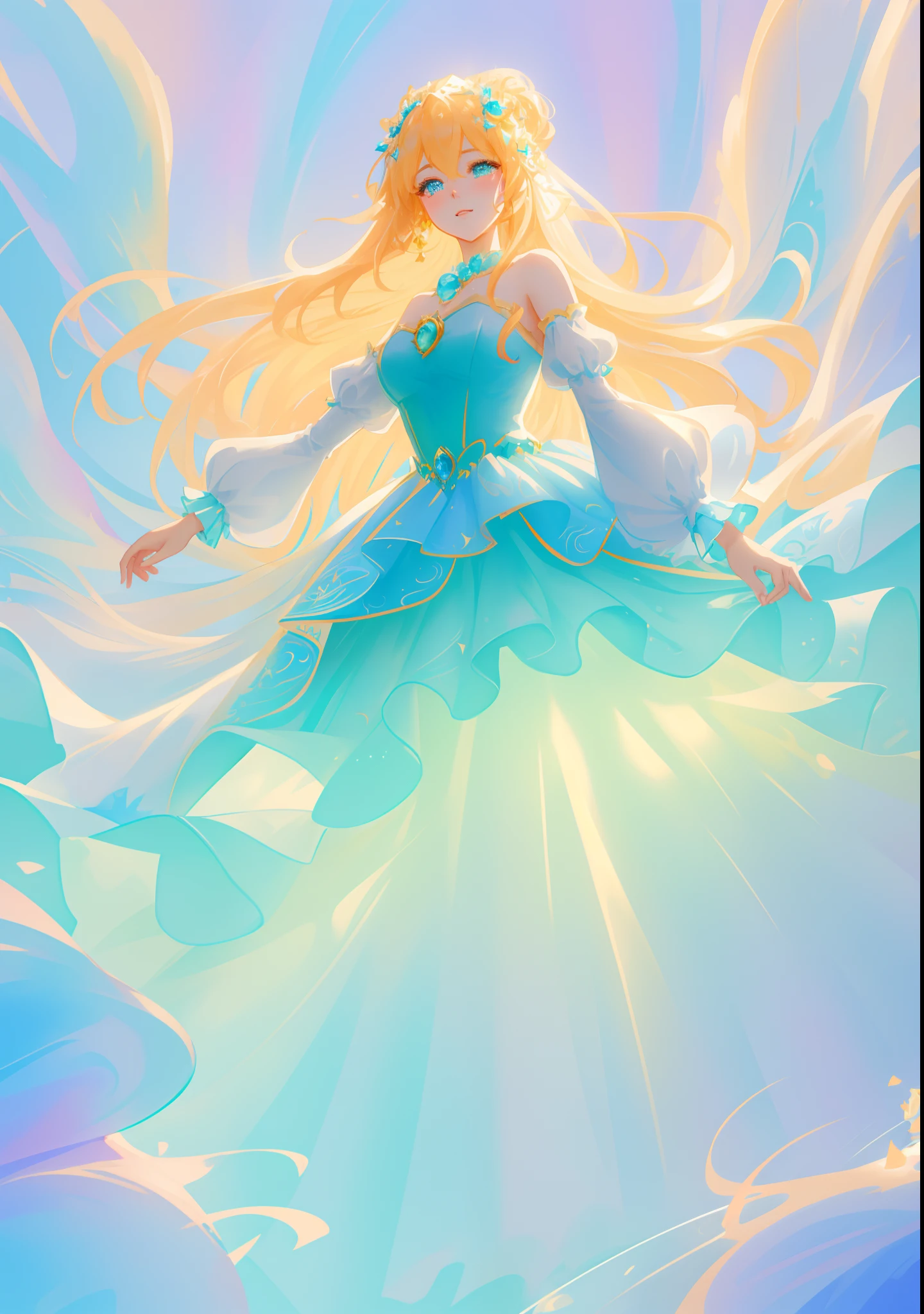 beautiful girl, puffy tiered ballgown with puffy long sleeves, vibrant pastel colors, (colorful), glowing golden long hair, magical lights, sparkling magical liquid, inspired by Glen Keane, inspired by Lois van Baarle, disney art style, by Lois van Baarle, glowing aura around her, by Glen Keane, jen bartel, glowing lights! digital painting, flowing glowing hair, glowing flowing hair, beautiful digital illustration, fantasia background, whimsical, magical, fantasy, ((beautiful face)), ((masterpiece, best quality)), intricate details, highly detailed, sharp focus, 8k resolution, sparkling detailed eyes, liquid watercolor