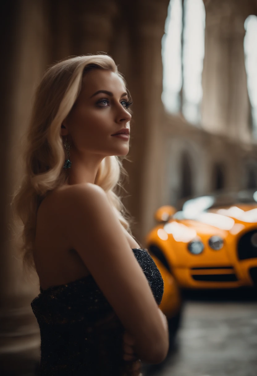 une femme blonde avec des yeux veyron regardant la camera