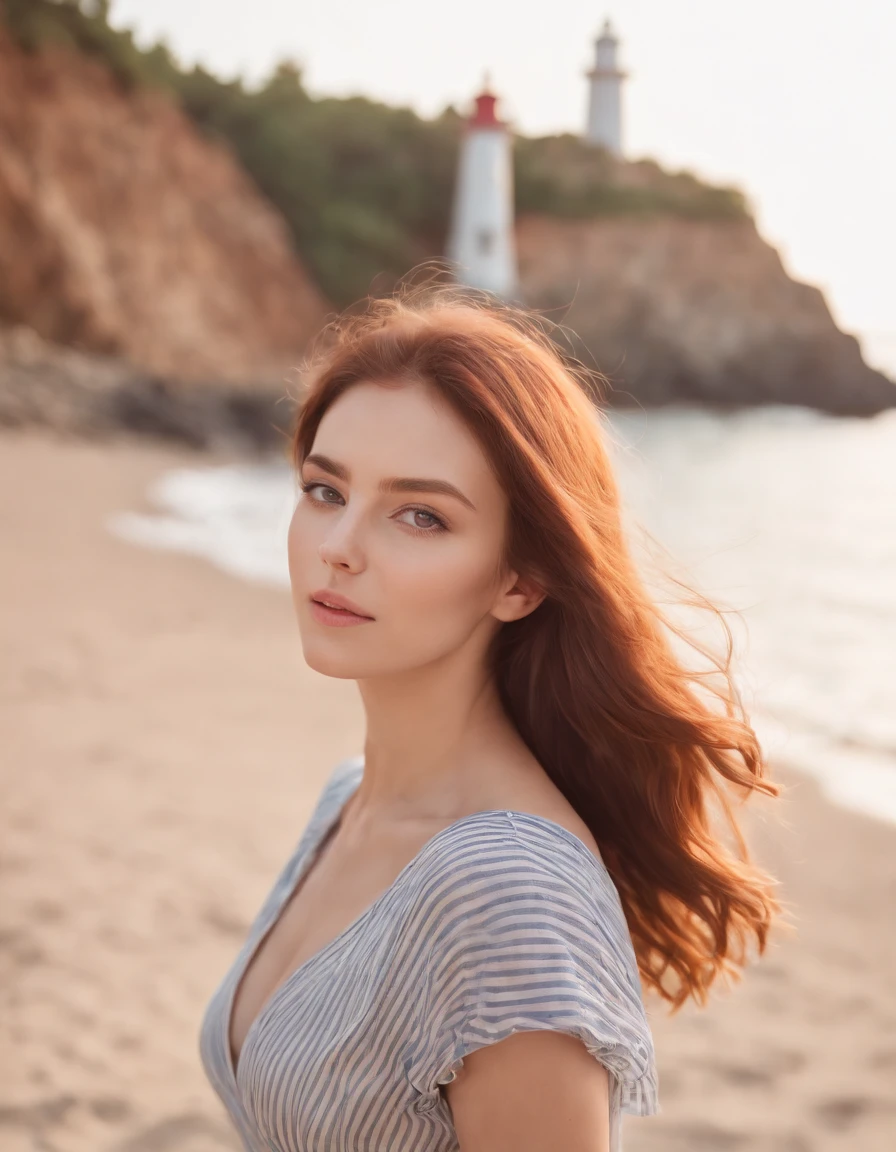 Coastal beauty, 1 Girl in attractive nautical clothes, (long auburn hair), striped shirt, soft medium breasts (Bright eyes, sun-kissed skin, carefree expression), Sandy beach background, lighthouse, gentle sea breeze, playful pose, dynamic compositions, Golden Hour Lighting, Blurred background, Rich colors, Fine details, hyper realisitic, 50mm Lens, relax vibe. a portrait photo of, 35mm Film, natural blurry