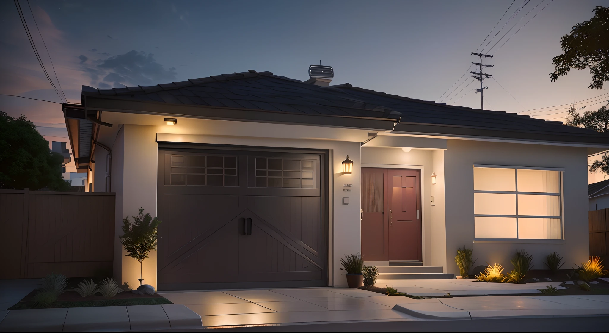 There is a picture of a house with a garage and a fire hydrant, cinematic outdoor lighting, ambient lighting at night, night time render, render 3d bem iluminado, cinematic accent lighting, em frente a uma garagem, photo taken at night, Modern setting, tiro noturno, Photorealistic rendering, lighting dramatic, renderizado, hyperrealistic rendering, dramatic night lighting