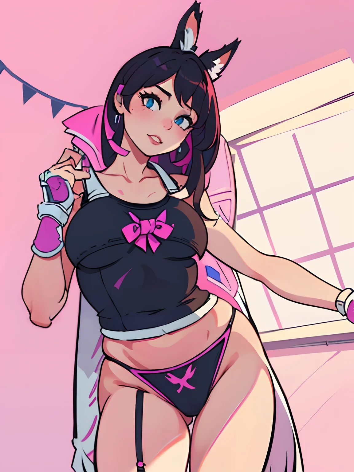 there is a woman in a black and pink bikini posing, d. va from overwatch, beautiful young catgirl, nekomimi, very beautiful cute catgirl, tifa lockhart, attractive cat girl, ahri from league of legends, seductive tifa lockhart portrait, neko, catgirl, ultrarealistic sweet bunny girl, tifa, ahri