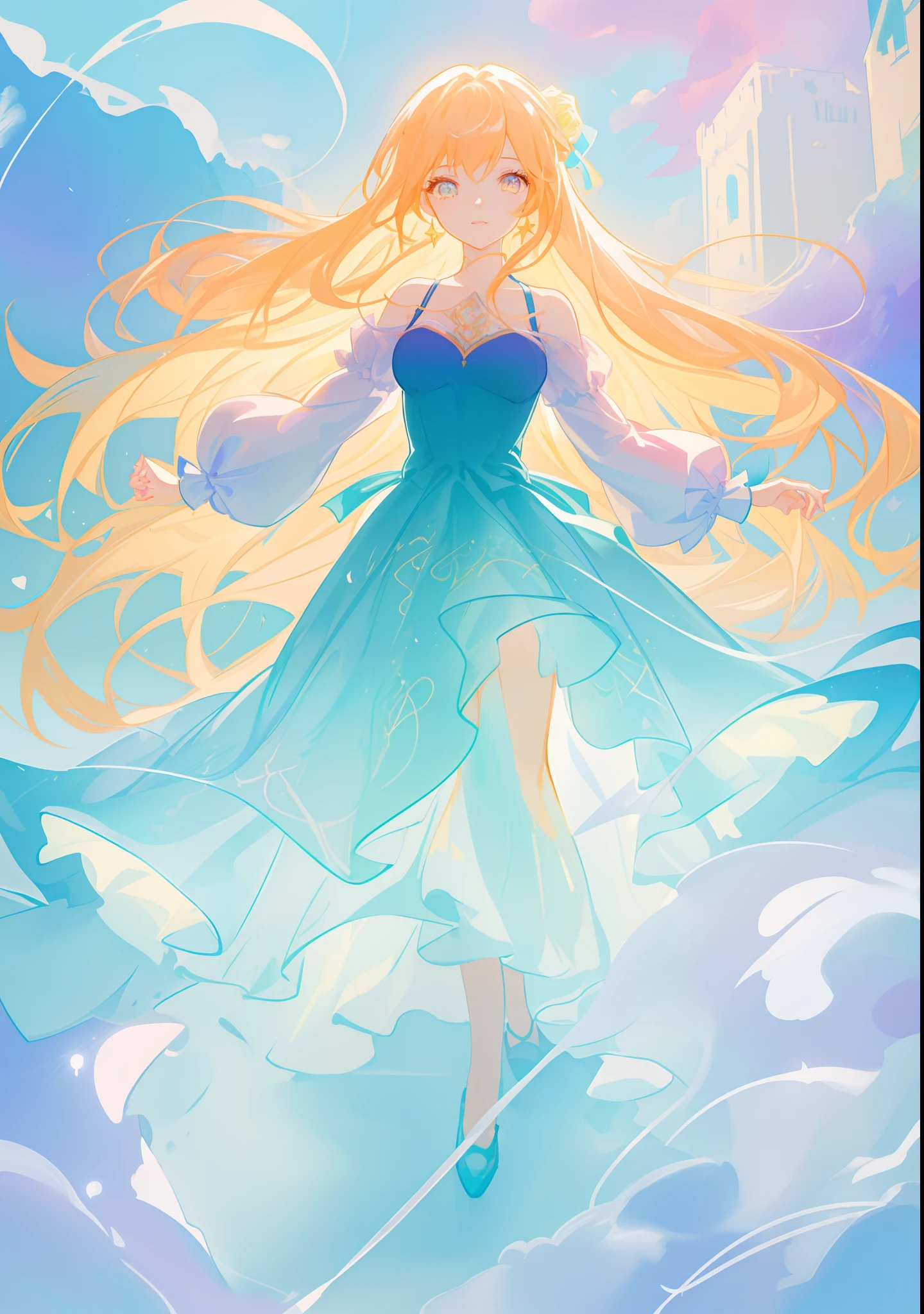 beautiful girl, puffy tiered ballgown with puffy long sleeves, vibrant pastel colors, (colorful), glowing golden long hair, magical lights, sparkling magical liquid, inspired by Glen Keane, inspired by Lois van Baarle, disney art style, by Lois van Baarle, glowing aura around her, by Glen Keane, jen bartel, glowing lights! digital painting, flowing glowing hair, glowing flowing hair, beautiful digital illustration, fantasia background, whimsical, magical, fantasy, ((beautiful face)), ((masterpiece, best quality)), intricate details, highly detailed, sharp focus, 8k resolution, sparkling detailed eyes, liquid watercolor