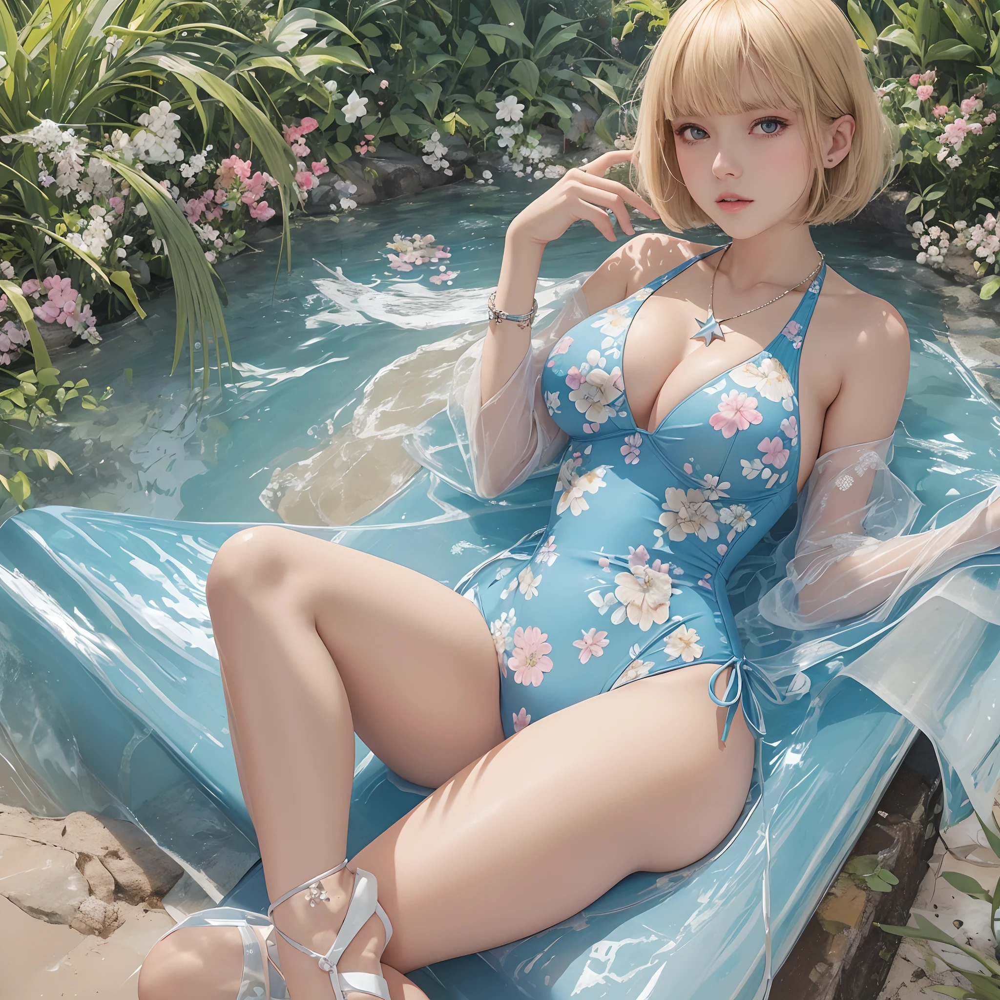 Best Quality Clean Face Clean Skin Swimsuit (One Piece Floral Light Blue High Leg Paleo) Big Breasts Cleavage Beautiful Legs Sandals (High Heels) Necklace (Star) Around the neck Bob Cut (Blonde Glossy)