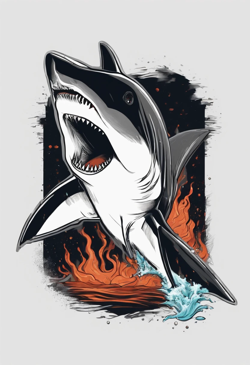 /imagine prompt:design to a t-shirt shark illustration for a sticker with a black background, in bold outline style, jagged edges, trashcore, light shading --v 5.2