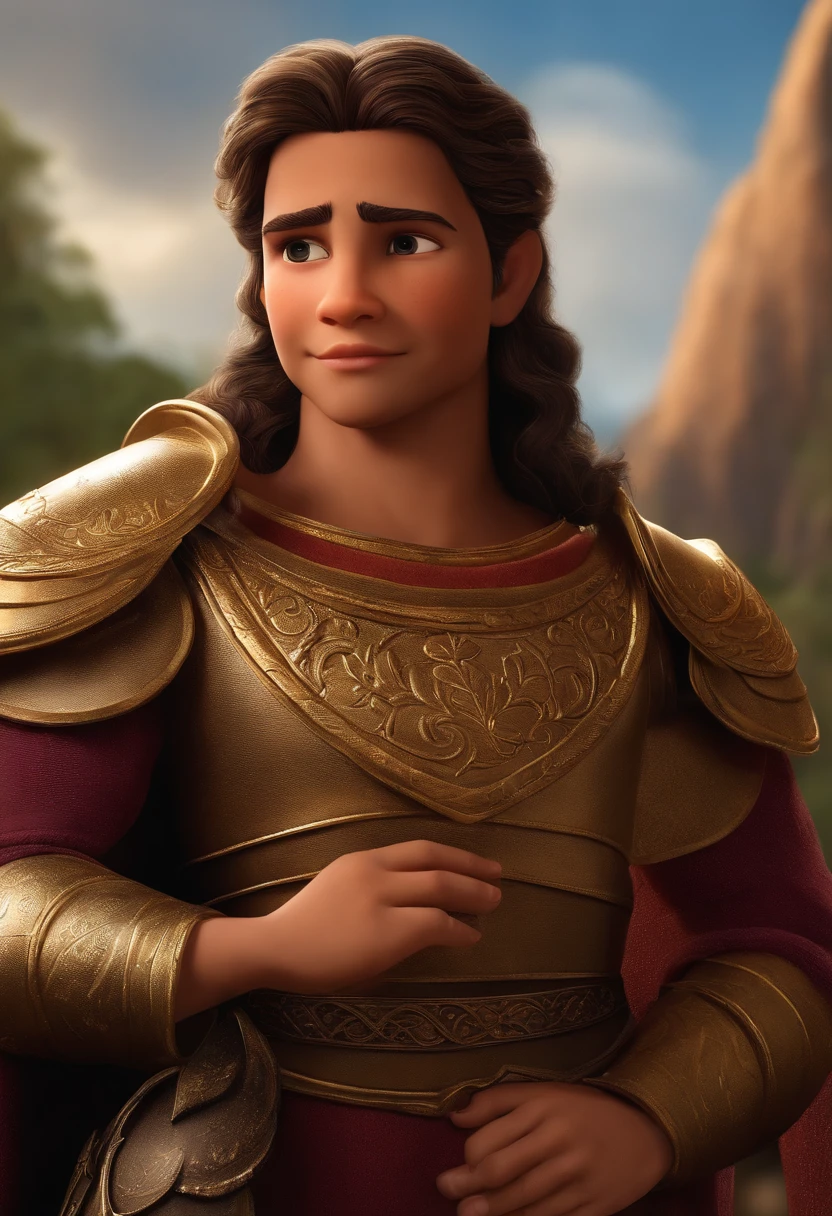ualidade de imagem do filme,Disney Animation,Disney animated films,, jovem pastor, historia biblica Davi, fofo, 12 anolo castanho curto, cor liso, com uma tunica dos tempos biblicos.Na mesma imagem, enfrentando um gigante enorme, with armor and breastplate, dos tempos biblicos . Fundo com campos gramados e montanhas em volta.Facial features are carefully described. NFW,nude