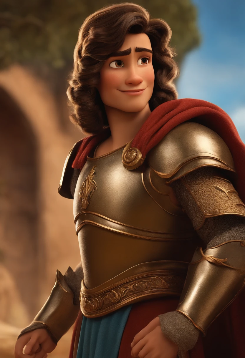 ualidade de imagem do filme，Disney Animation，Disney animated films，Menino, jovem pastor, historia biblica Davi, fofo, 12 anos, cabelo castanho curto, cor liso, com uma tunica dos tempos biblicos.Na mesma imagem, enfrentando um gigante enorme, with armor and breastplate, dos tempos biblicos . Fundo com campos gramados e montanhas em volta.Facial features are carefully described. NFW,nude
