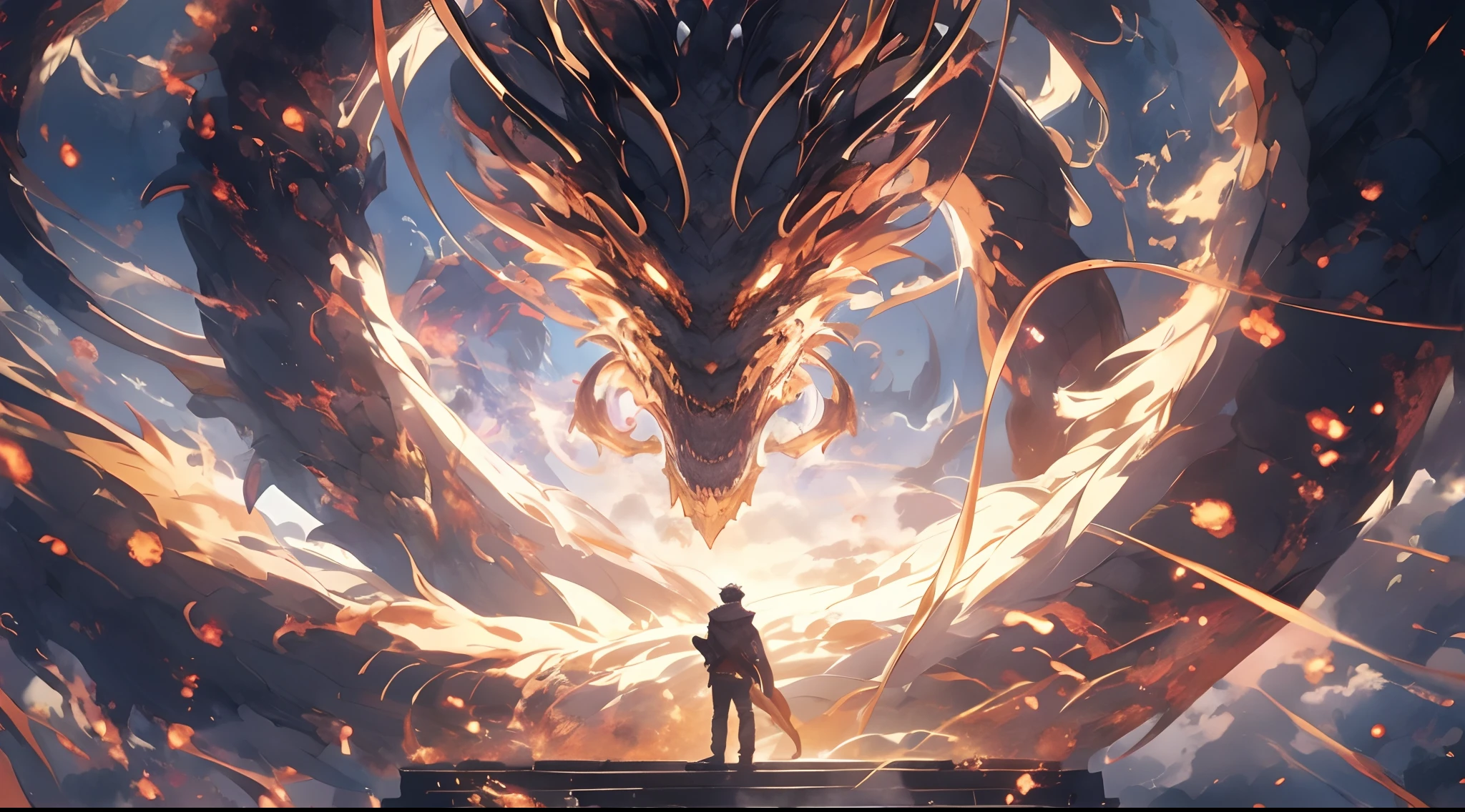 a man standing on a platform looking at a dragon in a dark room, anime epic artwork, anime fantasy illustration, man with the soul of a dragon, epic fantasy digital art style, anime art wallpaper 4k, anime art wallpaper 4 k, anime fantasy artwork, 4 k manga wallpaper, 4k anime wallpaper, god of dragons, detailed digital anime art