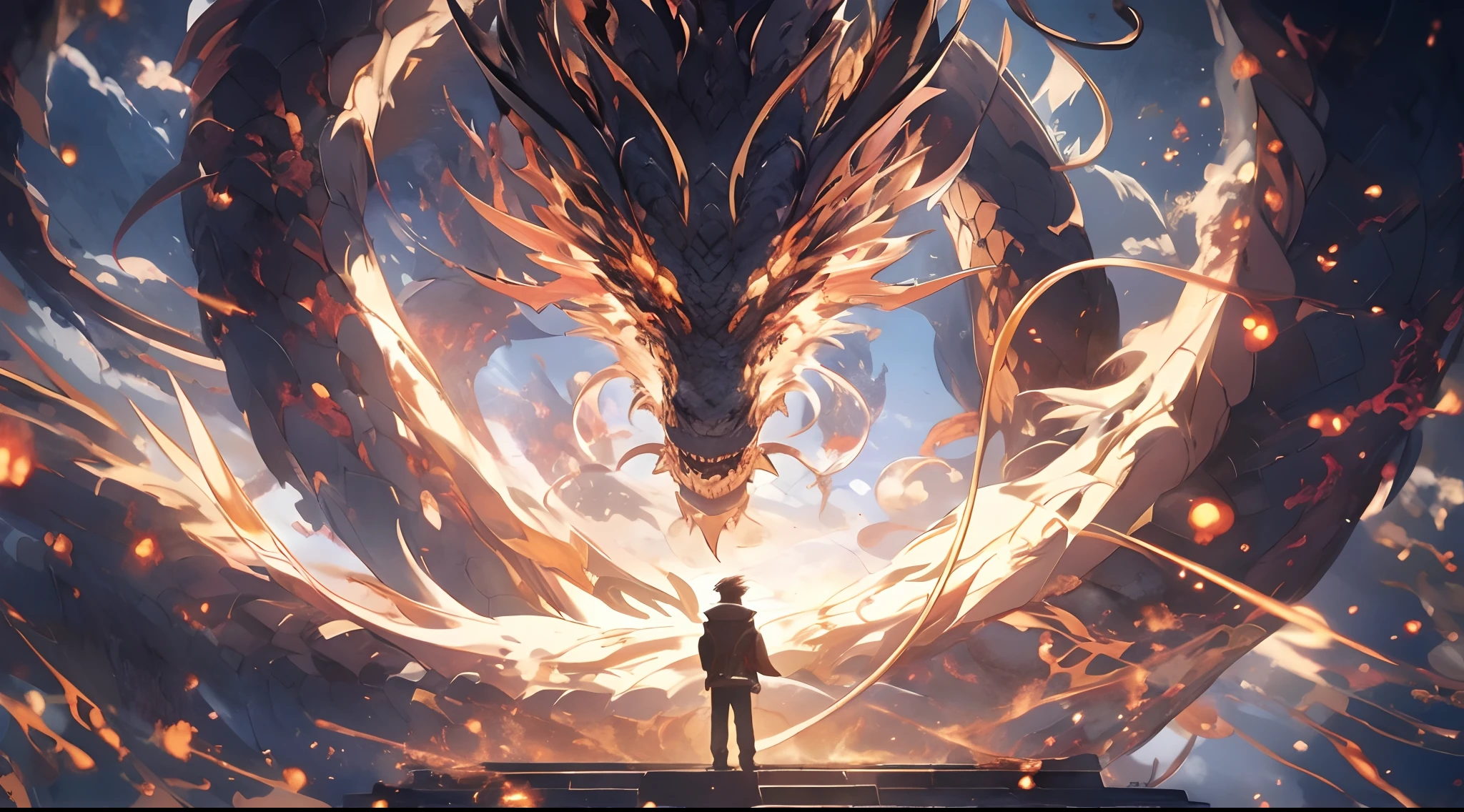a man standing on a platform looking at a dragon in a dark room, anime epic artwork, anime fantasy illustration, man with the soul of a dragon, epic fantasy digital art style, anime art wallpaper 4k, anime art wallpaper 4 k, anime fantasy artwork, 4 k manga wallpaper, 4k anime wallpaper, god of dragons, detailed digital anime art