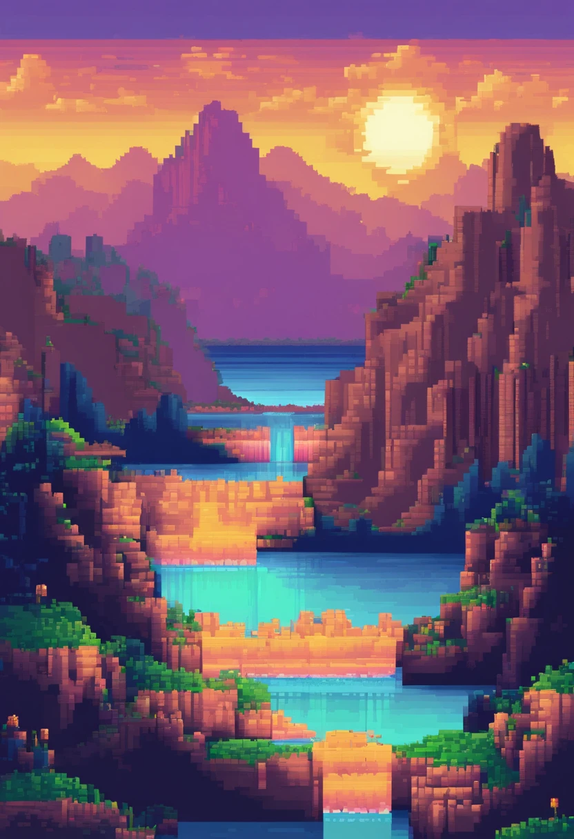 (best quality,4k:1.1),pixel art landscape,evening,3d pixel art,4k wallpaper, incredible pixel art details, pixel art, waterfalls and a large river. ,dimmed sunset colors