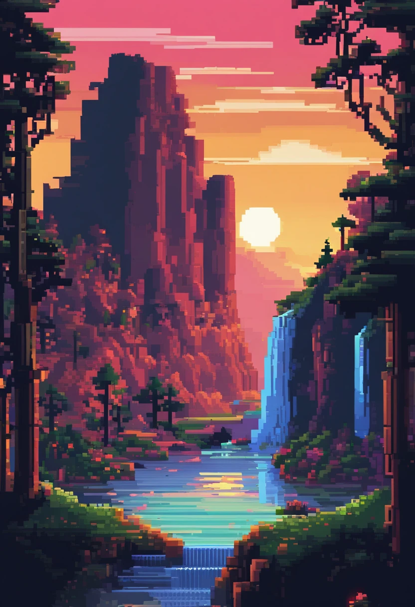 (best quality,4k:1.1),pixel art landscape,evening,3d pixel art,4k wallpaper, incredible pixel art details, pixel art, waterfalls and a large river. ,dimmed sunset colors