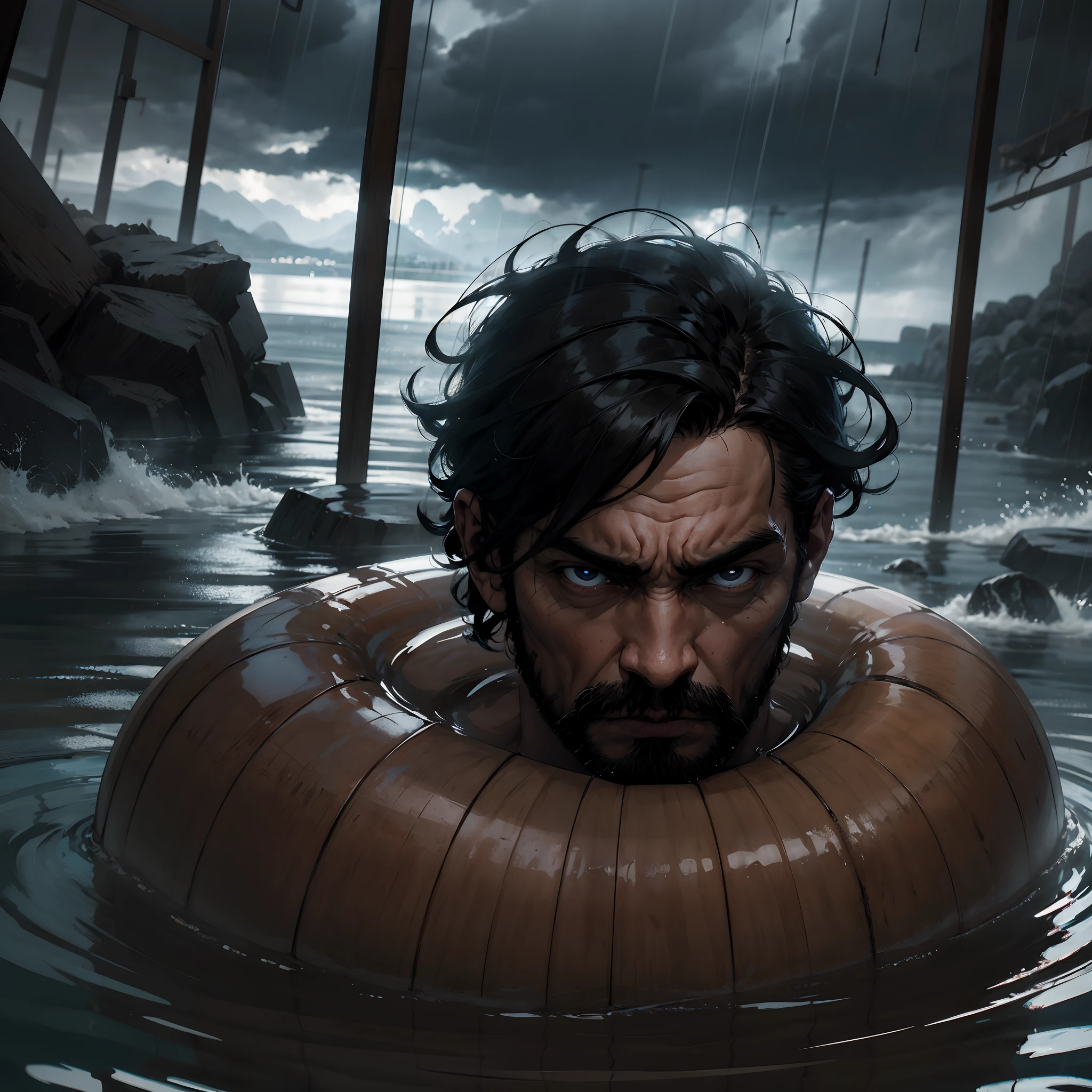 1hombre .Eyes bathed in anger, cabello largo mojado negro, glass barrel bottom, mirando al espectador, fondo de pantalla CG 8k extremadamente detallado,lluvia intensa de una tormenta