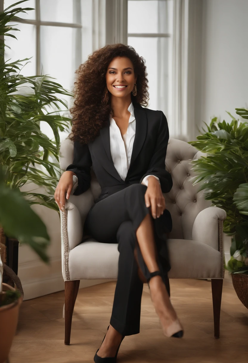 1 femme adulte, cheveux longs, curly hair, cheveux de couleur noire, peau lisse, yeux clairs, sourire, vegetation, Occasionnel, Business women's style clothing, Blaser brun clair, Realstic, with experience sitting on an armchair in a beautiful apartment , Super realistic 8k, Super detailed and realistic