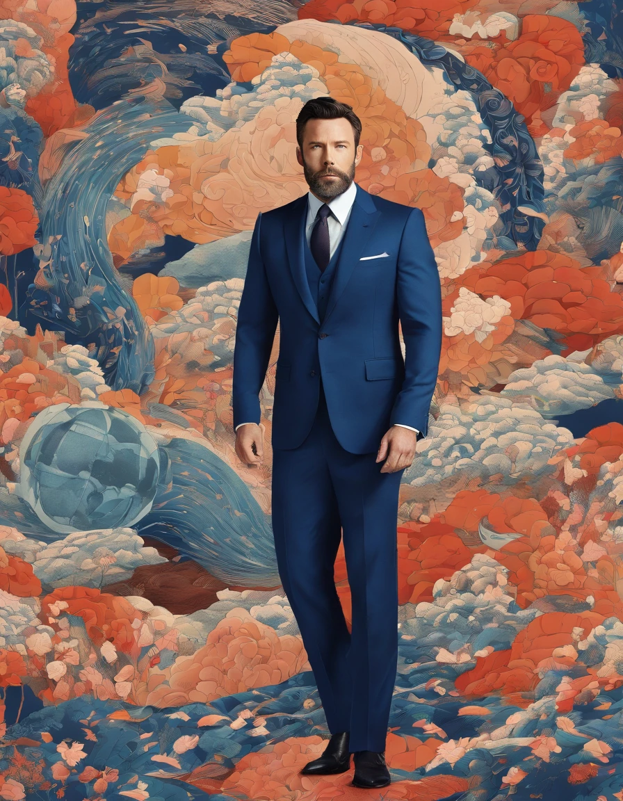 A Photograph capturing a surrealist vision: ben affleck in navy kimono mix with hero suit, amidst a swirling color palette, poses outside a tailor shop, posing with the fantasy dreamlike surroundings. --ar 16:9