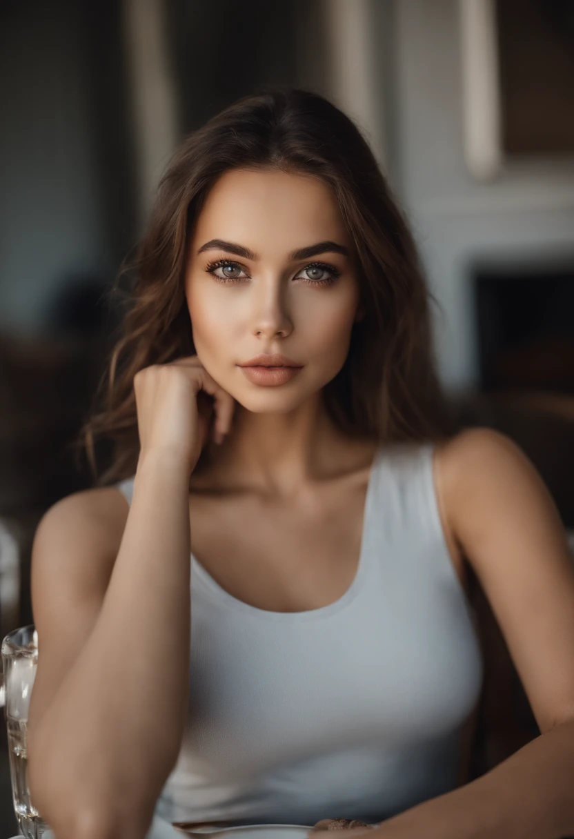 Arafed woman with tank top and sansculotte , fille sexy aux yeux bruns, Portrait Sophie Mudd, cheveux bruns et grands yeux, selfie of a young woman, Yeux de chambre, Violet Myers, sans maquillage, maquillage naturel, looking straight at camera, Visage avec Artgram, Maquillage subtil, Superbe photo du corps entier, clivage, sitting at table
