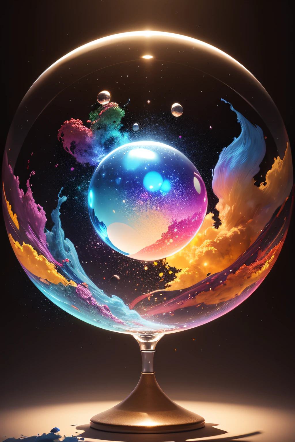 a glass sphere exploded with multicolored dust pigments flying away in all directions