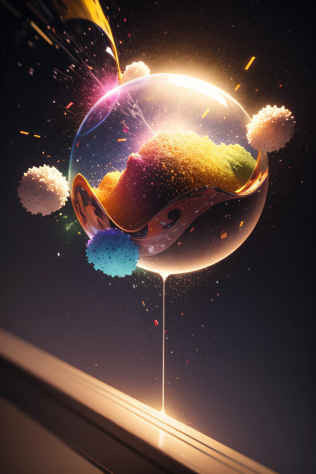 a glass sphere exploded with multicolored dust pigments flying away in all directions