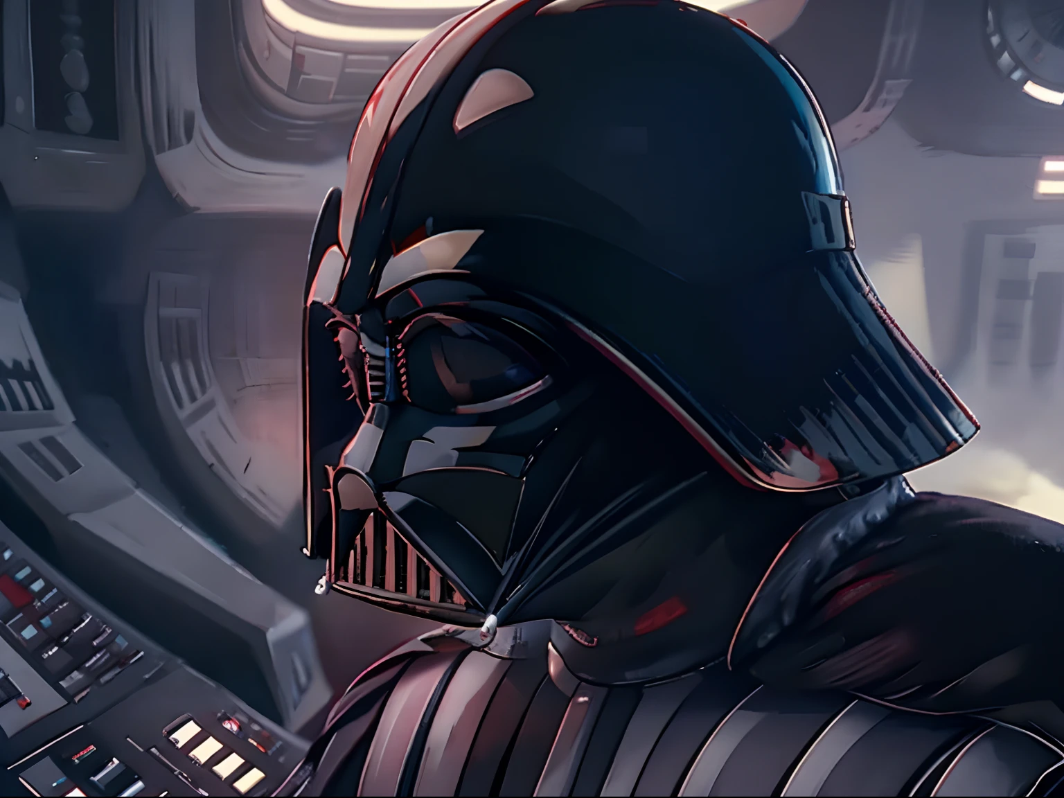 Darth vader listening to chill lofi beats with headphones on in the jedi temple