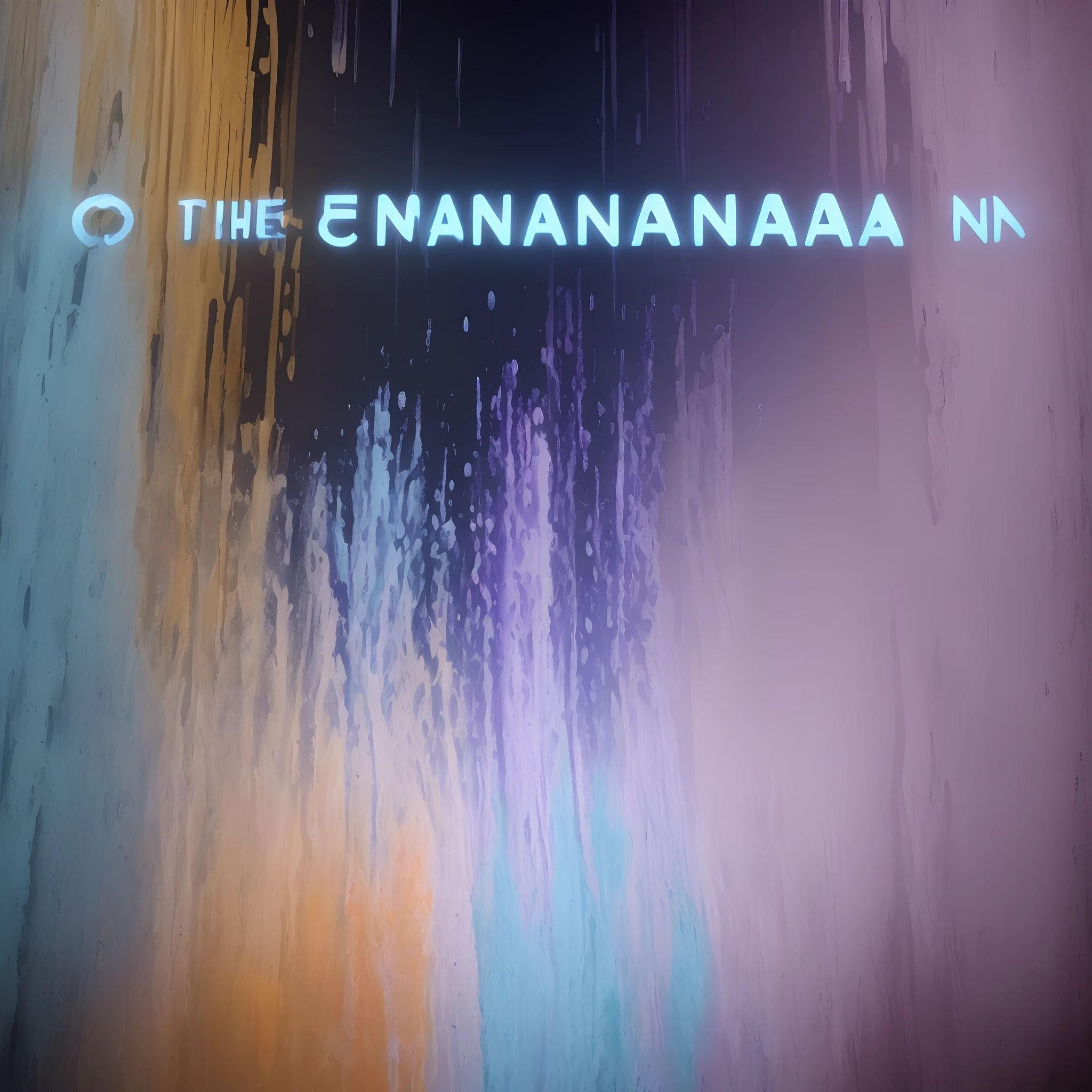The word ' Content Mania Films '. one line start to end . Light glowing . Full of texture . This four colours splash paint blue whit violet, poster, photo