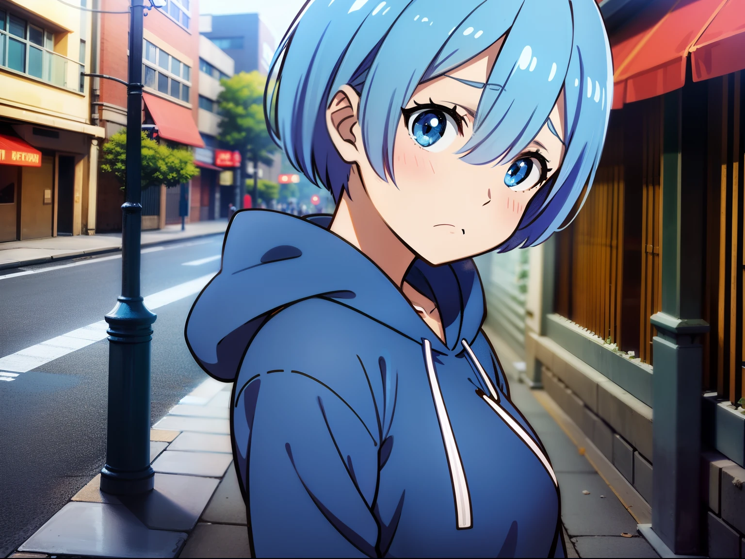 masutepiece, close up, rem rezero, Blue eyes, Sad face, Look down, Blue Hoodie, medium breasts, In the middle of the street,