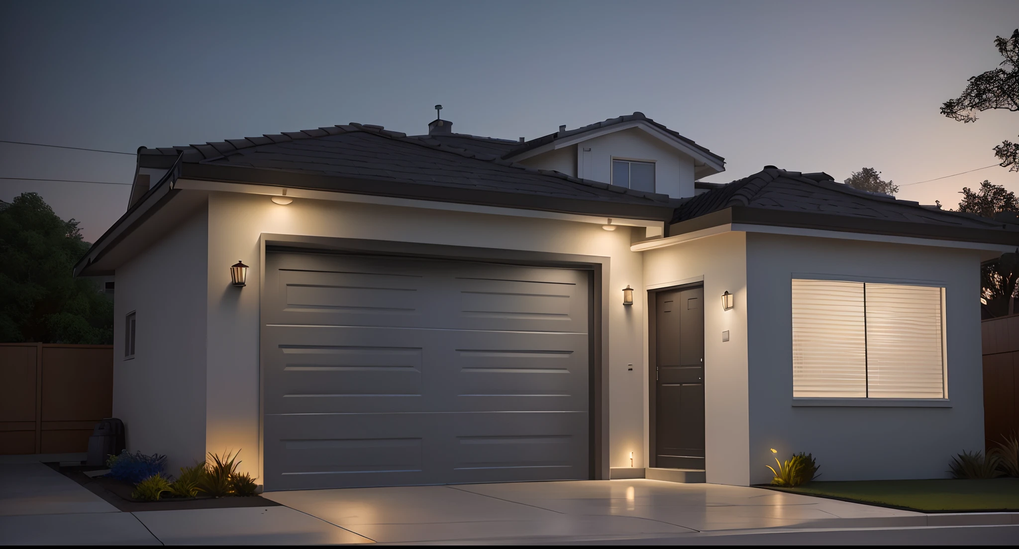 There is a picture of a house with a garage and a fire hydrant, cinematic outdoor lighting, ambient lighting at night, night time render, render 3d bem iluminado, cinematic accent lighting, em frente a uma garagem, photo taken at night, Modern setting, tiro noturno, Photorealistic rendering, lighting dramatic, renderizado, hyperrealistic rendering, dramatic night lighting