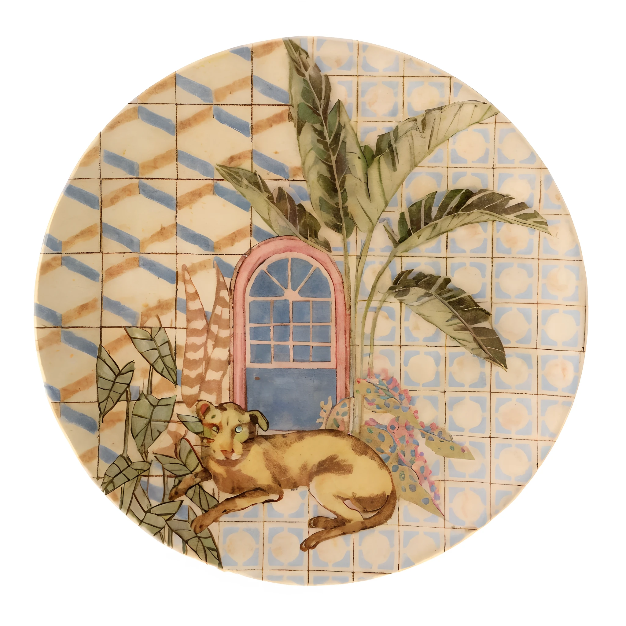 There's a plate with a cat and a plant on it, Deco, inspired by Théodore Rousseau, inspired by Eugène Grasset, inspirado em Henri Rousseau, inspirado em George Stubbs, No estilo de Henri Rousseau, inspirado por Mary Adshead, inspirado em Georges Emile Lebacq, Directed by: Elizabeth Charleston