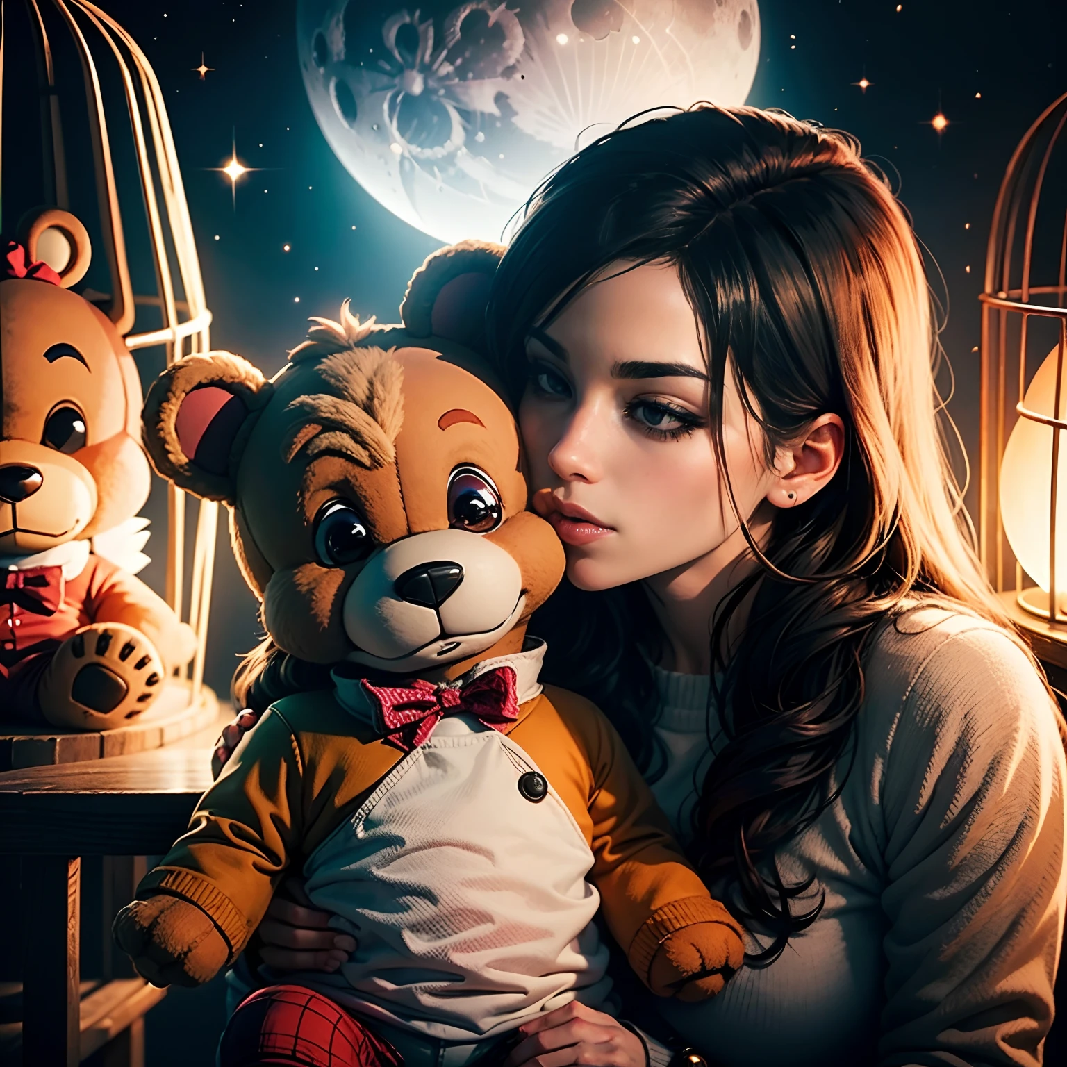2012 Freddy Fazbear kissing Chicka while spoon feeding the caged moon