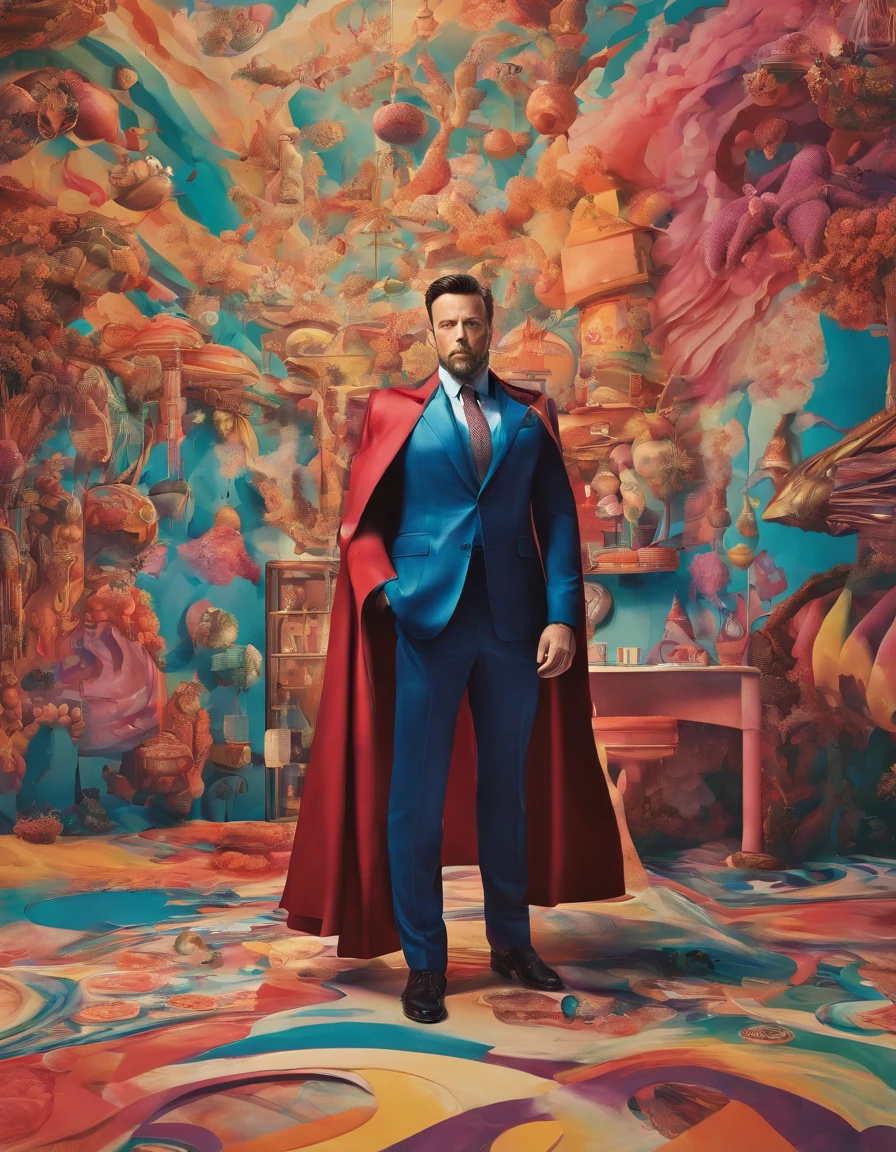 A Photograph capturing a surrealist vision: ben affleck in bat man suit , amidst a swirling color palette, poses outside a tailor shop, posing with the fantasy dreamlike surroundings. bat