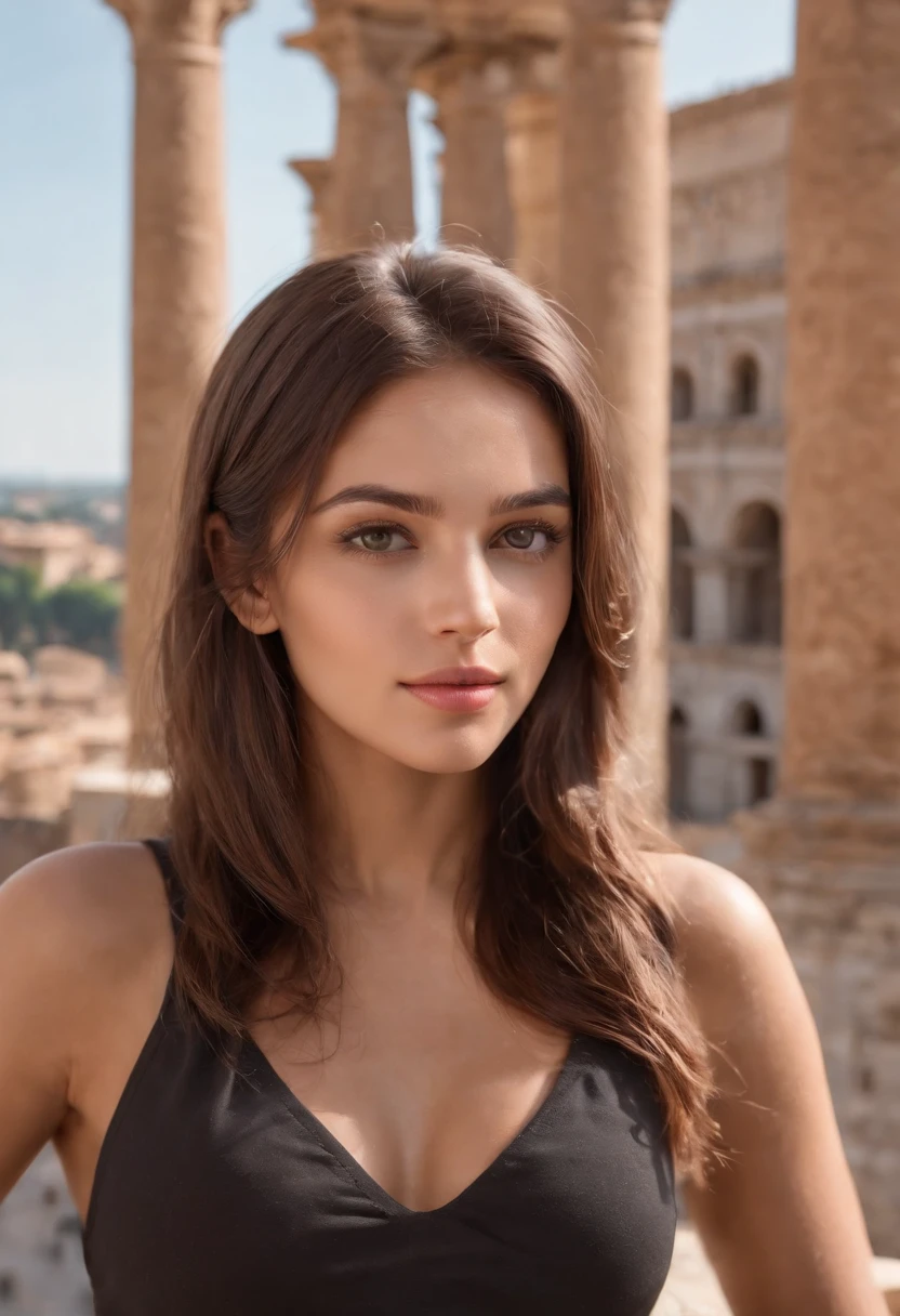 ((italian tanned skin, italian attractive 25 year old )), ((her beauty is undeniable)), ((excited cute face)), ((hyper detailed perfect eyes,)), ((cute pose)), ((tongue out)), ((seductive )), sexy, wearing a black t-shirt on a brown trouser, (( long hair,)), (( skin)), ((sitting, front view)), ((touching her own legs in a sexy pose)), looking at the colosseum in Rome, sharp focus cgi, photorealistic, high detail, realistic, masterpiece, absurdres, best quality, HDR, high quality, high-definition, extremely detailed, 8k wallpaper, intricate details, 8K uhd, Full-HD, (realistic photo:1.2), contrast, harsh lighting, cinematic lighting, natural lighting, hard light, backlighting, global illumination, ambient occlusion, medium breast 2.0