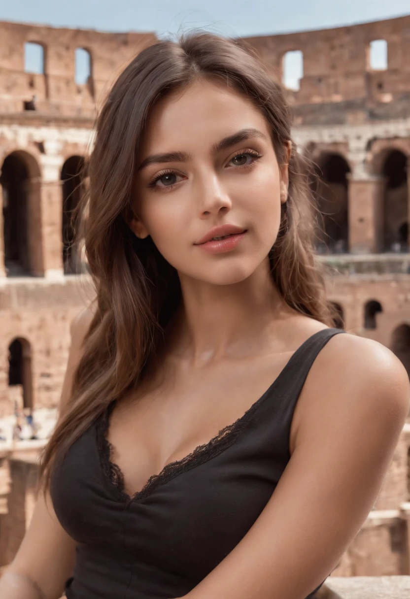 ((italian tanned skin, italian attractive 25 year old )), ((her beauty is undeniable)), ((excited cute face)), ((hyper detailed perfect eyes,)), ((cute pose)), ((tongue out)), ((seductive )), sexy, wearing a black t-shirt on a brown trouser, (( long hair,)), (( skin)), ((sitting, front view)), ((touching her own legs in a sexy pose)), looking at the colosseum in Rome, sharp focus cgi, photorealistic, high detail, realistic, masterpiece, absurdres, best quality, HDR, high quality, high-definition, extremely detailed, 8k wallpaper, intricate details, 8K uhd, Full-HD, (realistic photo:1.2), contrast, harsh lighting, cinematic lighting, natural lighting, hard light, backlighting, global illumination, ambient occlusion, medium breast 2.0